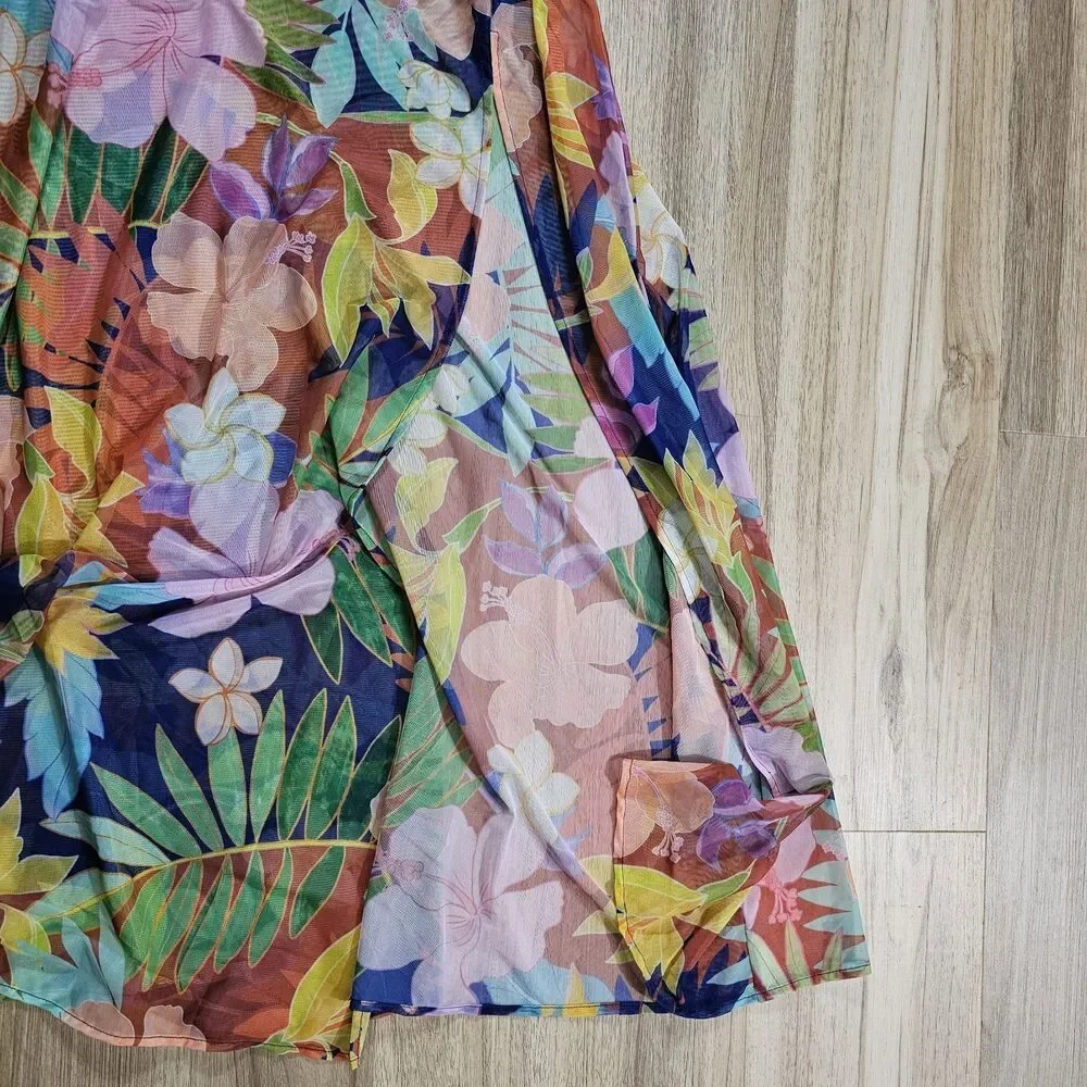 Citrus Multi-Colored Hawaiian Flowers Beach Sarong High Slit Cover Up Size Small